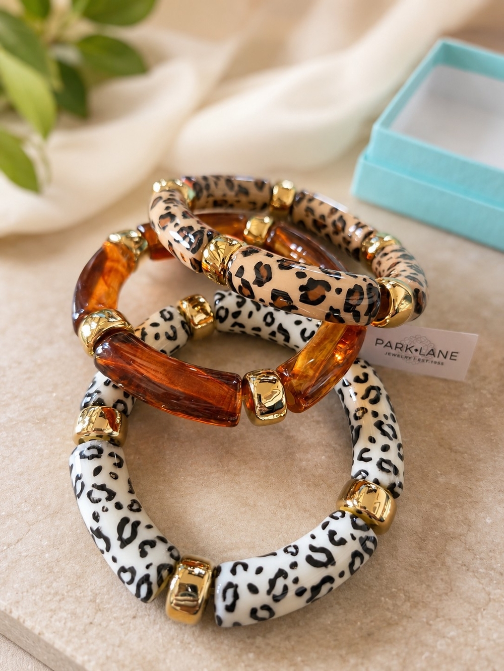 Park Lane ROAR Leopard Print and Amber Stretch Bracelet Set